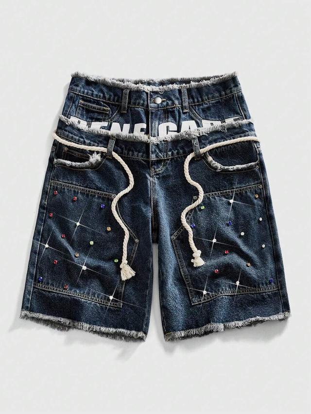men's double-layer waistband loose fit denim shorts with rhinestones