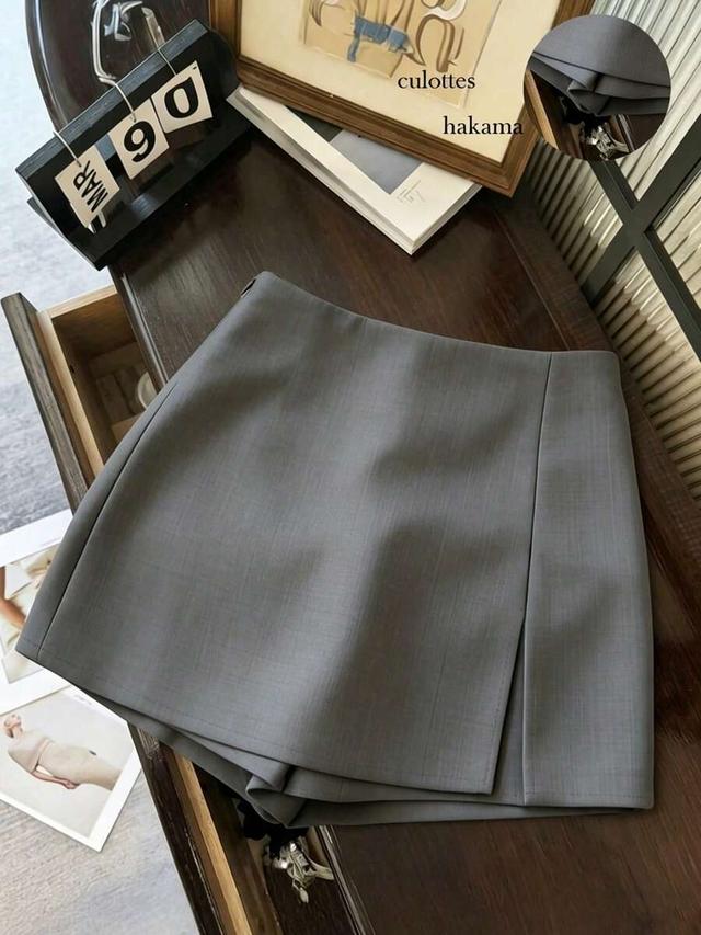 grey high waist grey textured a-line split hem skorts