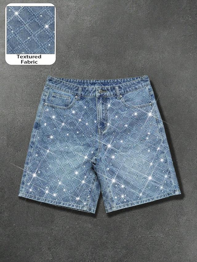 distressed washed denim shorts with rhinestone diamond pattern