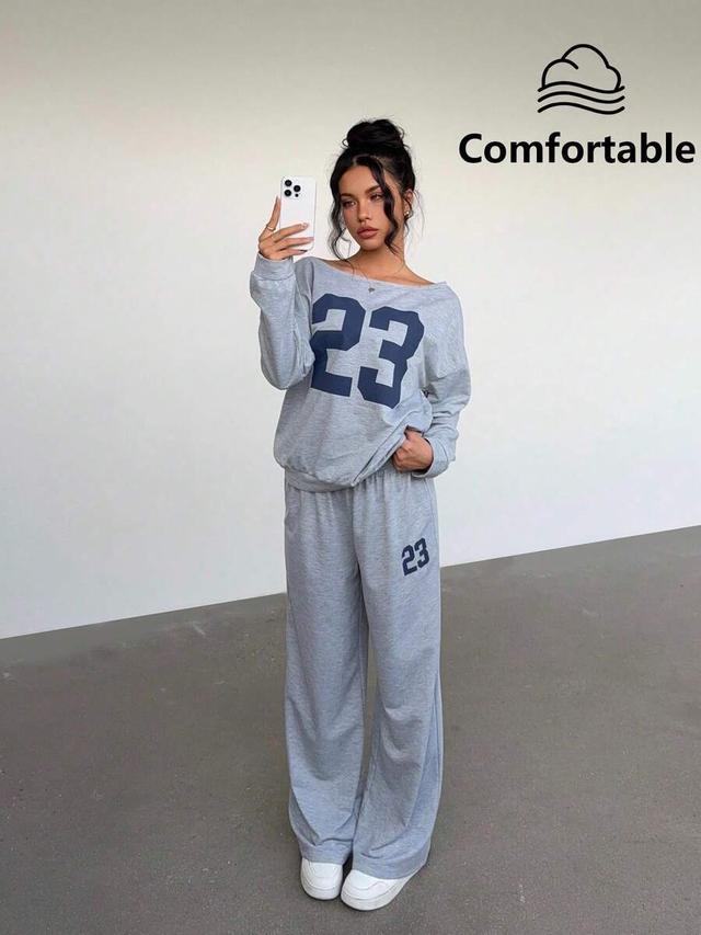 grey casual graphic numeric print lounge set