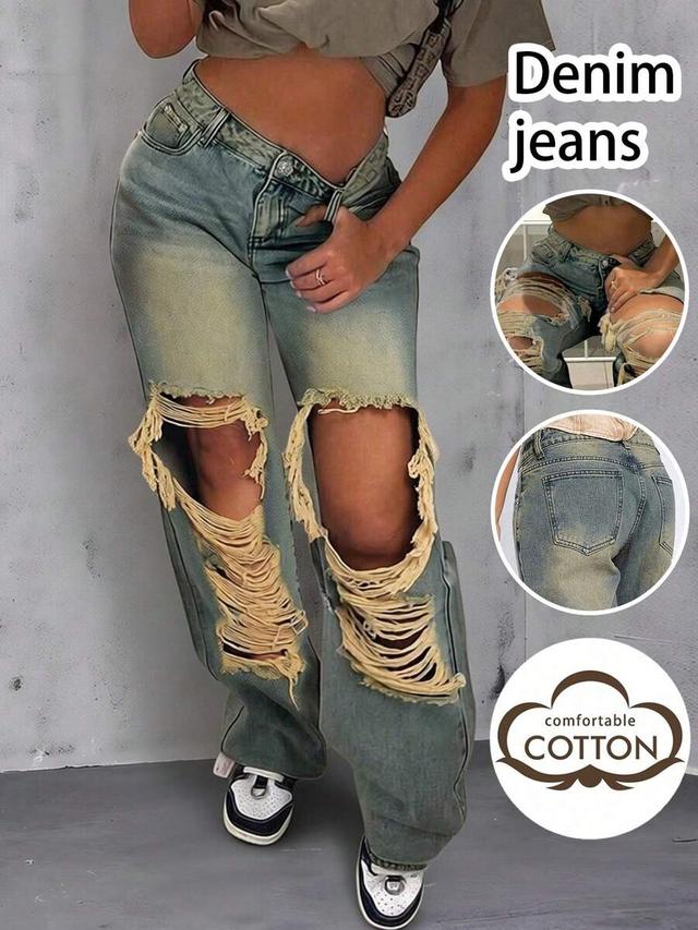 distressed vintage wash wide leg denim jeans