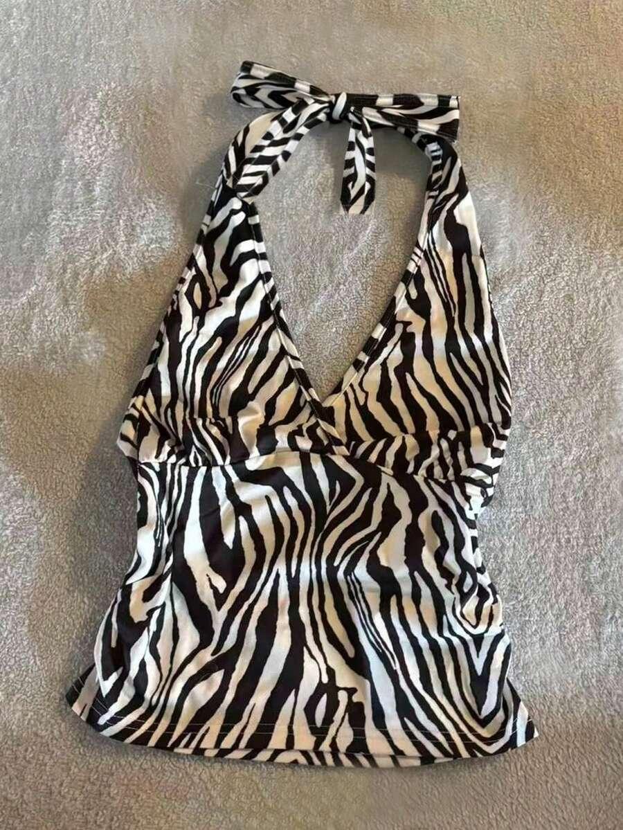 zebra print backless halter neck vacation beach top