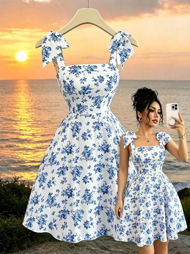 ditsy floral shoulder tie cinched waist a-line dress