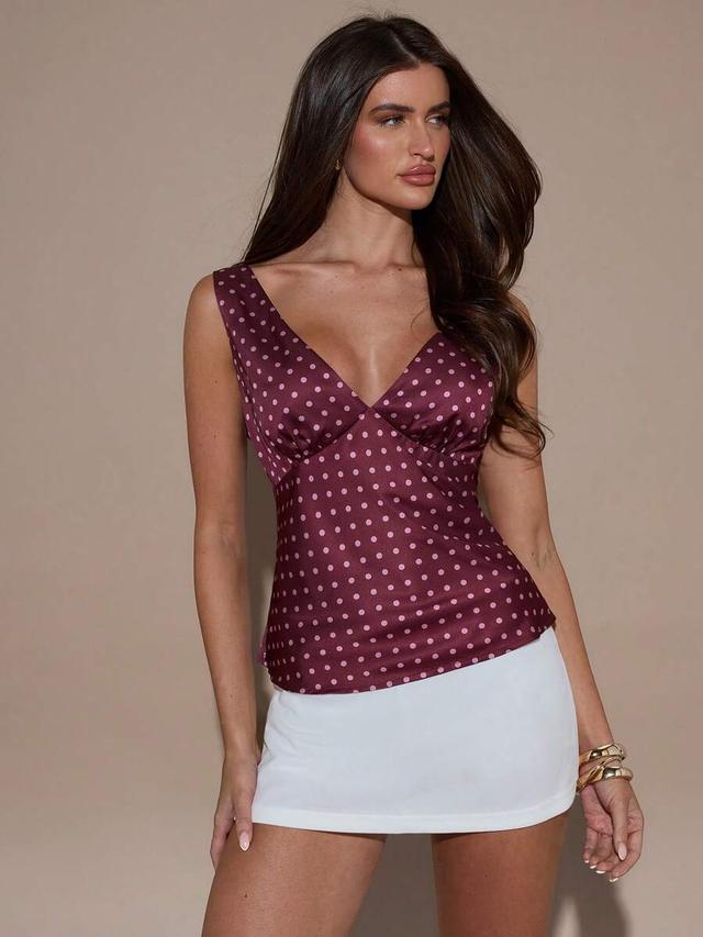 polka dot print deep v neck fitted top