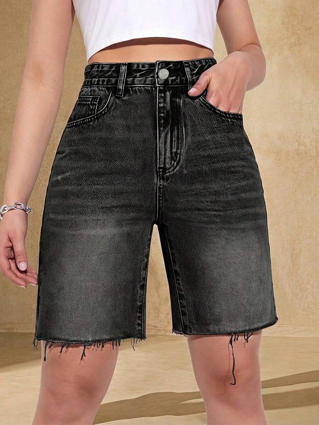 high-waisted black denim raw hem shorts