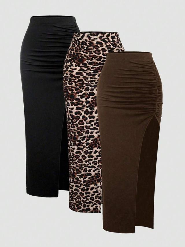 brown ruched high slit midi skirt