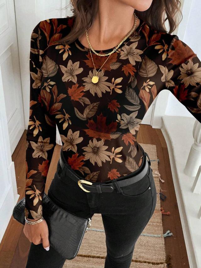 vintage floral and leaf print crew neck tight top