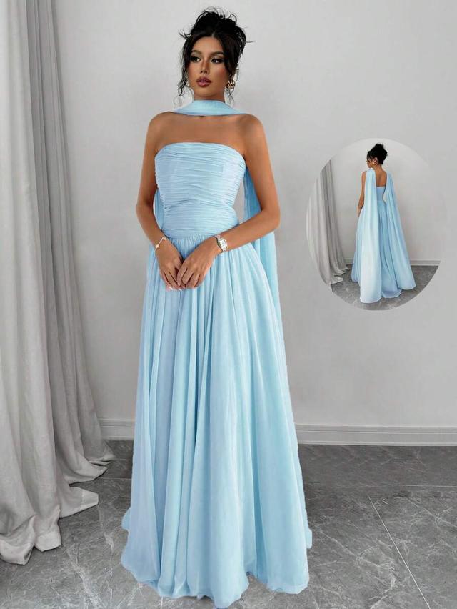 light blue strapless chiffon evening gown with draped bodice