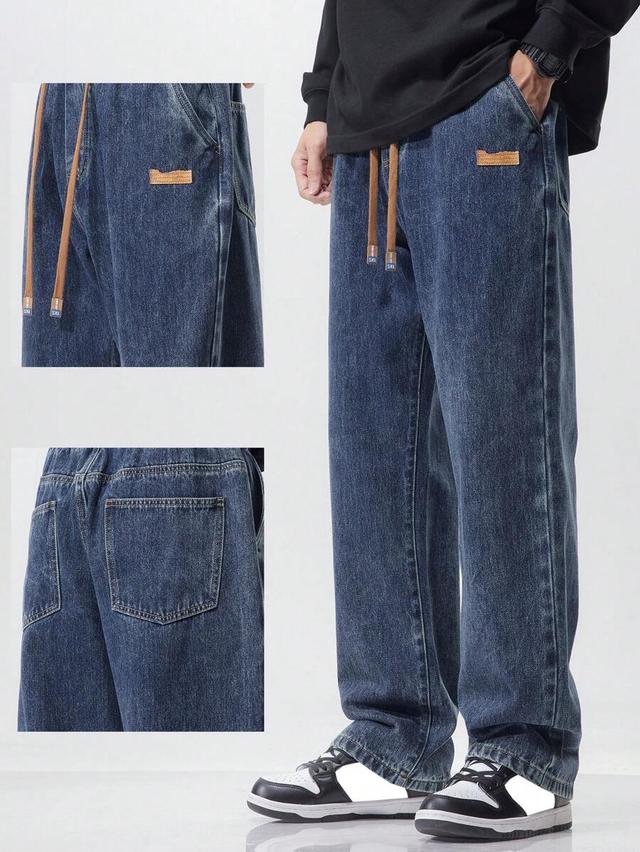 men's drawstring elastic waist washed casual loose straight jeans