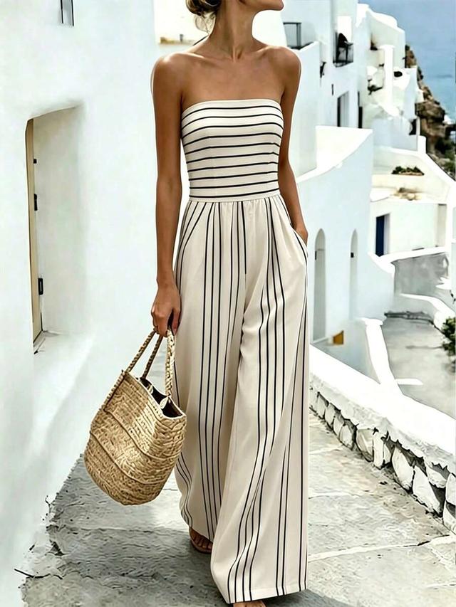 striped bandeau wide leg summer jumpsuit
