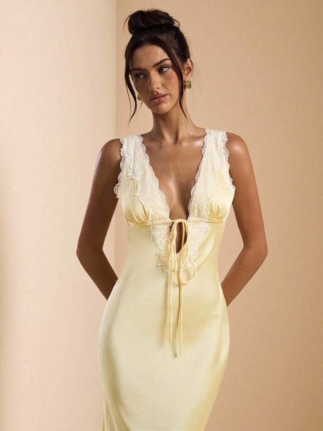 yellow satin maxi dress with lace patchwork and tie
