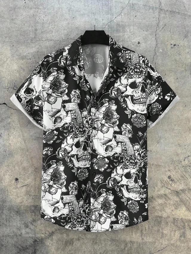 men's skull and floral printed short sleeve shirt