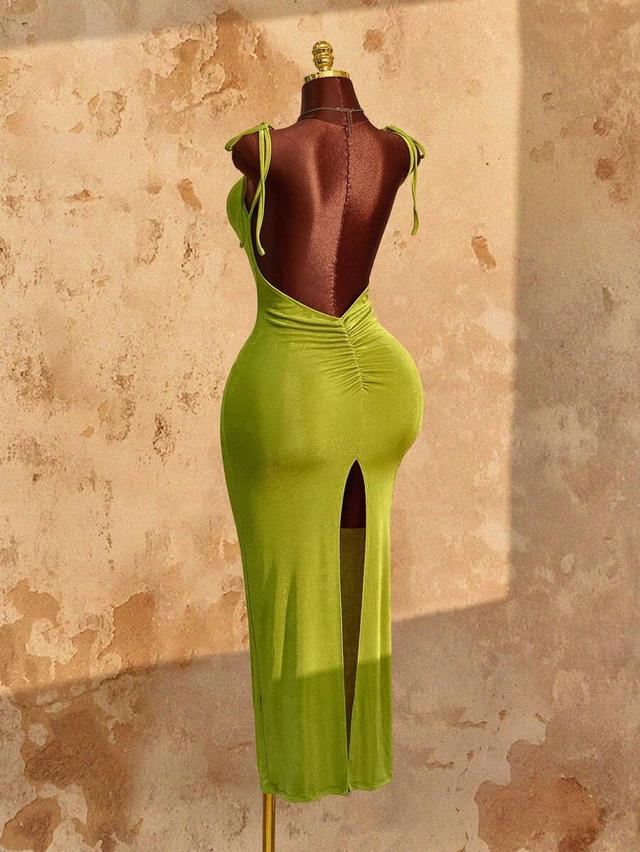 apple green spaghetti strap backless ruched bodycon dress