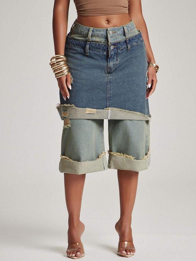 two tone denim jean shorts with skirt overlay