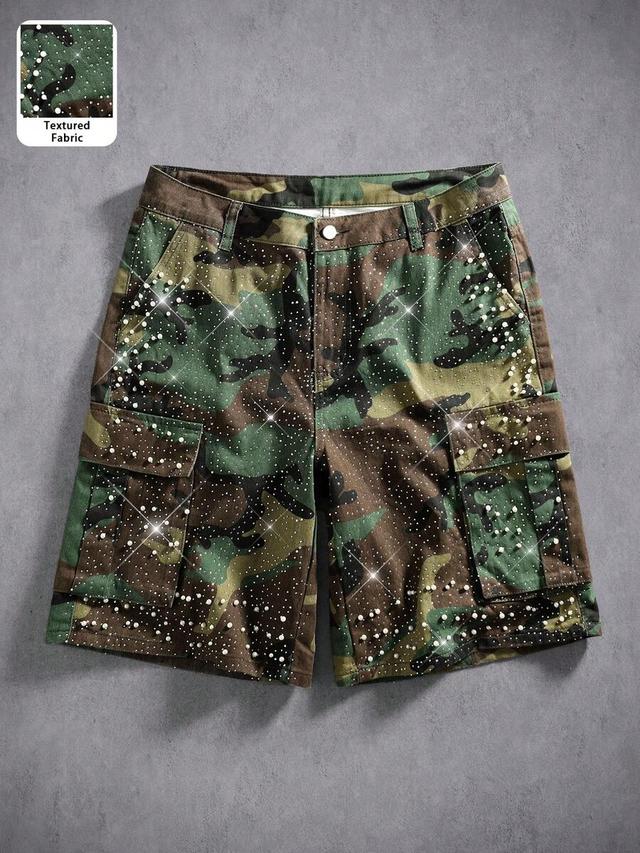 camouflage print studded rhinestone cargo denim shorts
