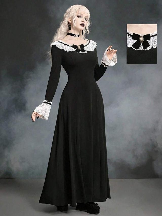 gothic black long dress with white lace trim
