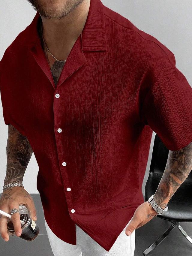 burgundy textured linen cuban collar short sleeve shirt