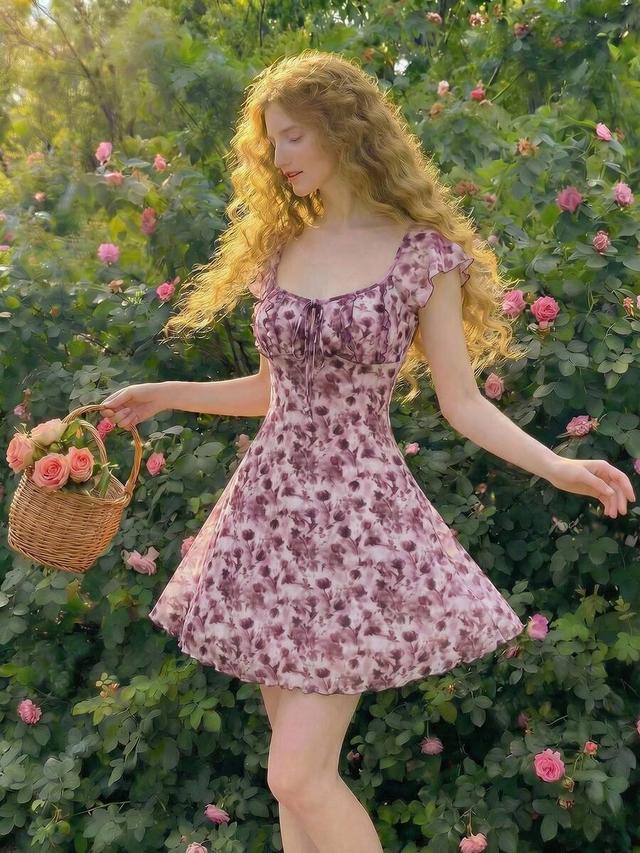 vintage floral print knotted chest ruched sleeveless mini dress