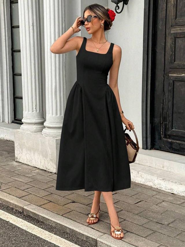 black square neck ruffle midi dress