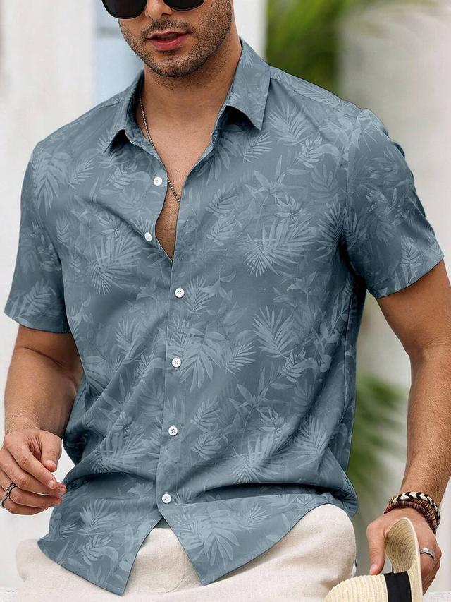 blue tropical print short sleeve button-up shirt