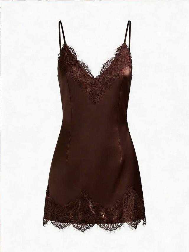 brown satin lace patchwork spaghetti strap mini dress