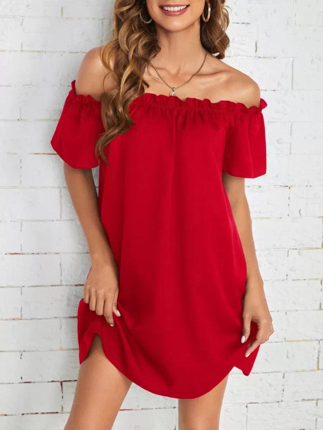 red off shoulder frill trim shift dress
