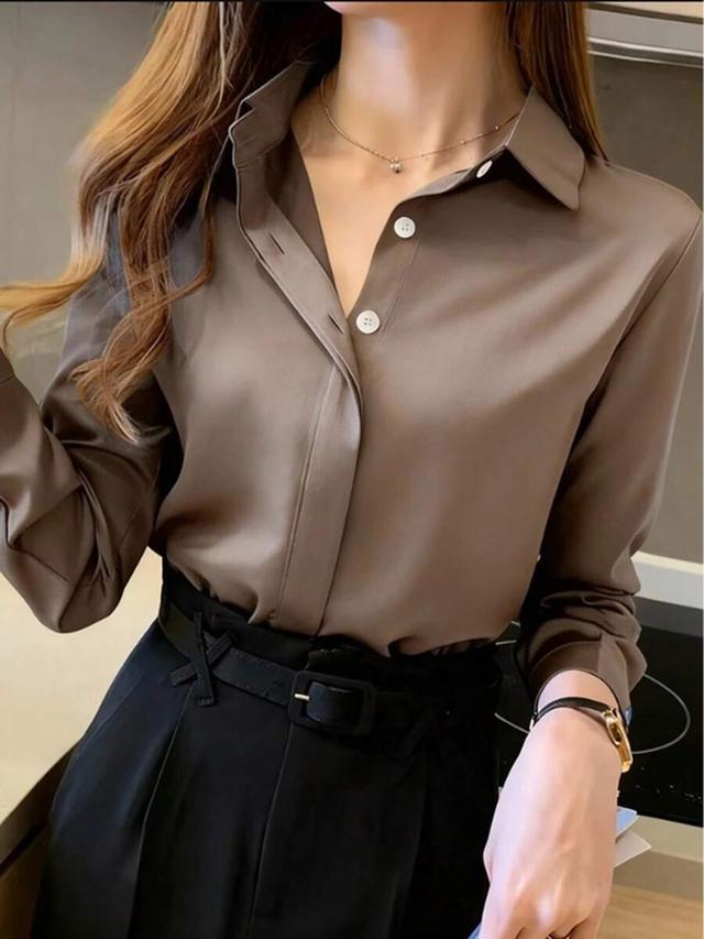 elegant brown long sleeve button-up blouse