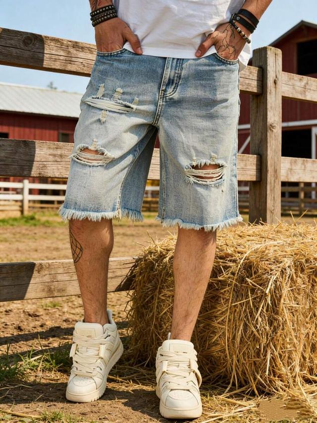 men's korean style distressed light blue denim shorts