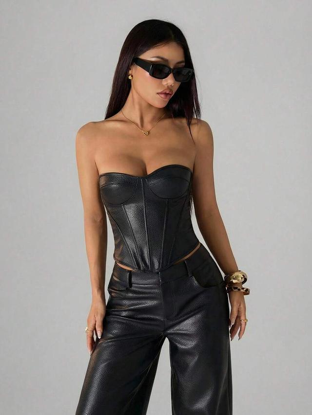 black faux leather corset bandeau crop top