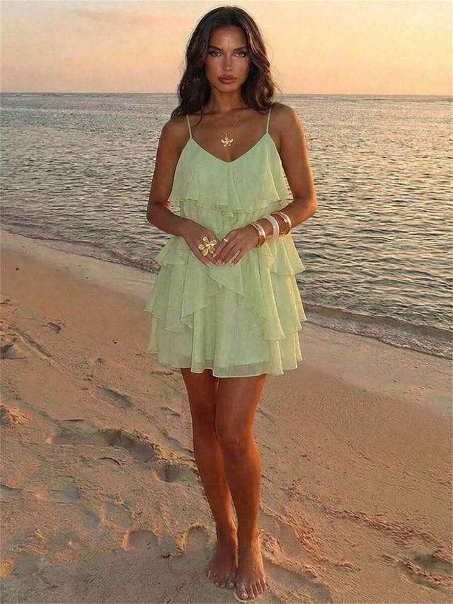 light green ruffled chiffon mini dress