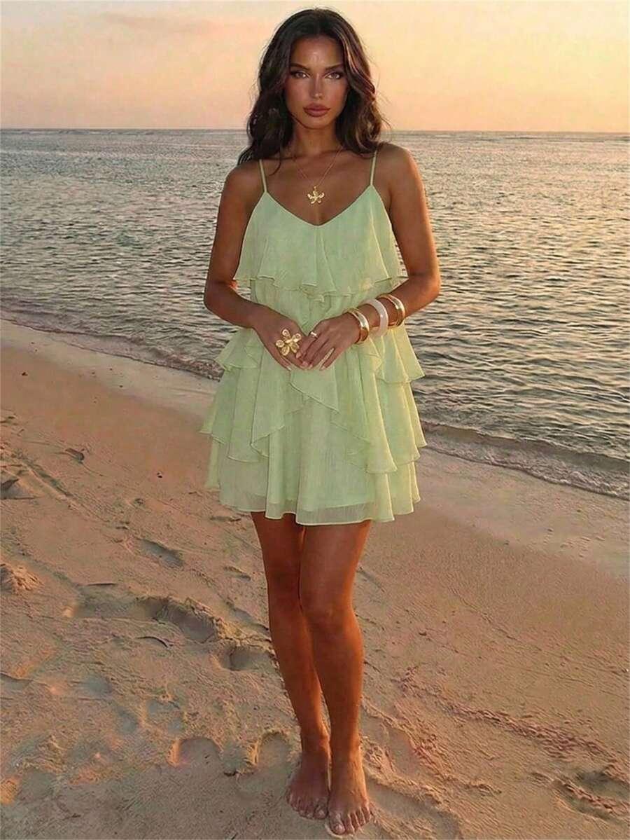 light green ruffled chiffon mini dress