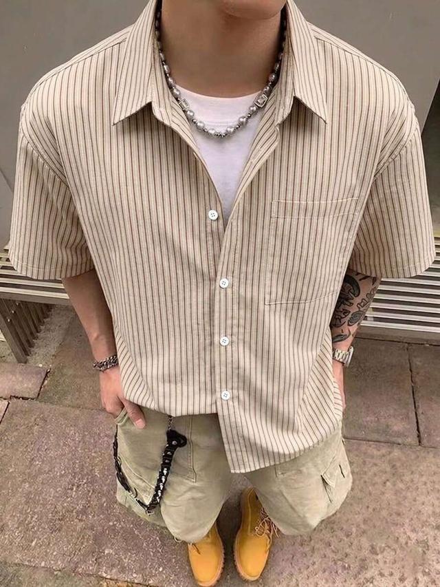 beige and black striped short sleeve cotton shirt