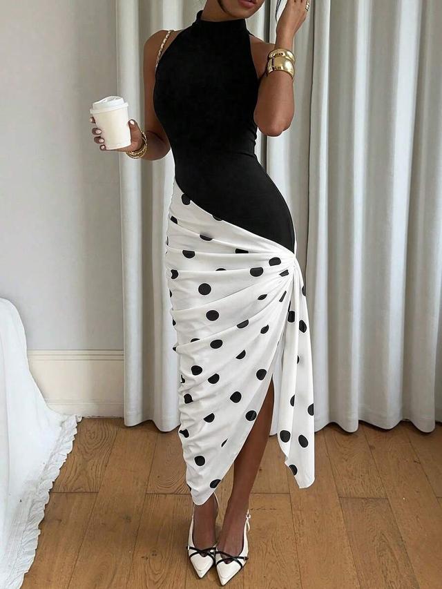 black and white polka dot draped midi dress