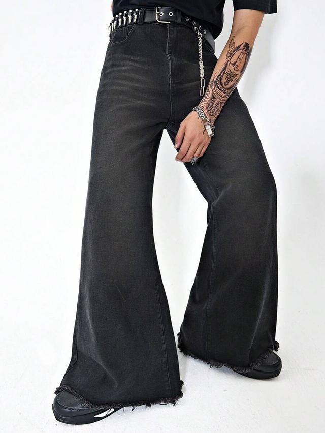 black washed denim raw hem flare leg jeans