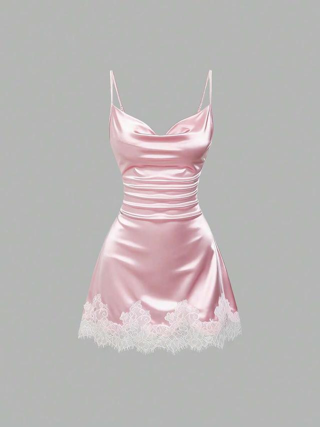 pink satin slip dress with lace trim