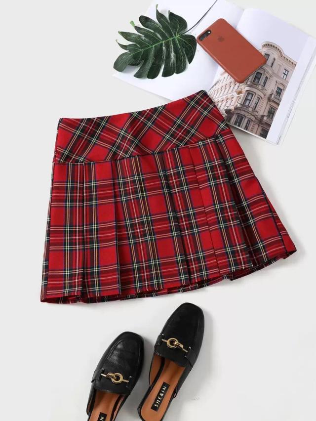 red tartan plaid pleated mini skirt
