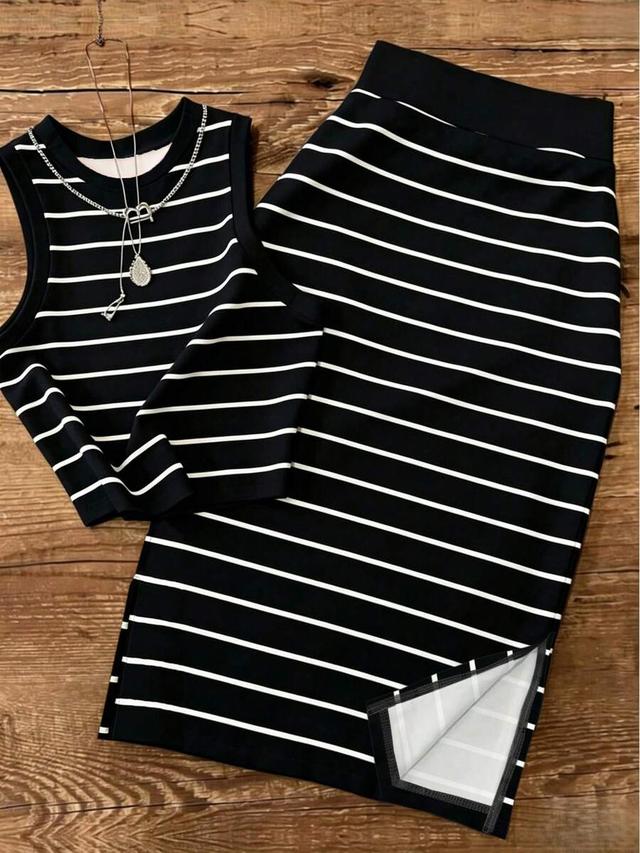 black and white striped ribbed tank and midi skirt set
