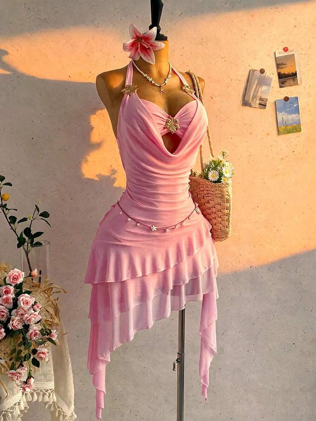 pink draped halter dress with ruffled asymmetric hem