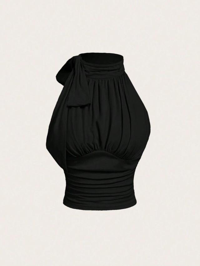 black ruched halter neck bowknot sleeveless top