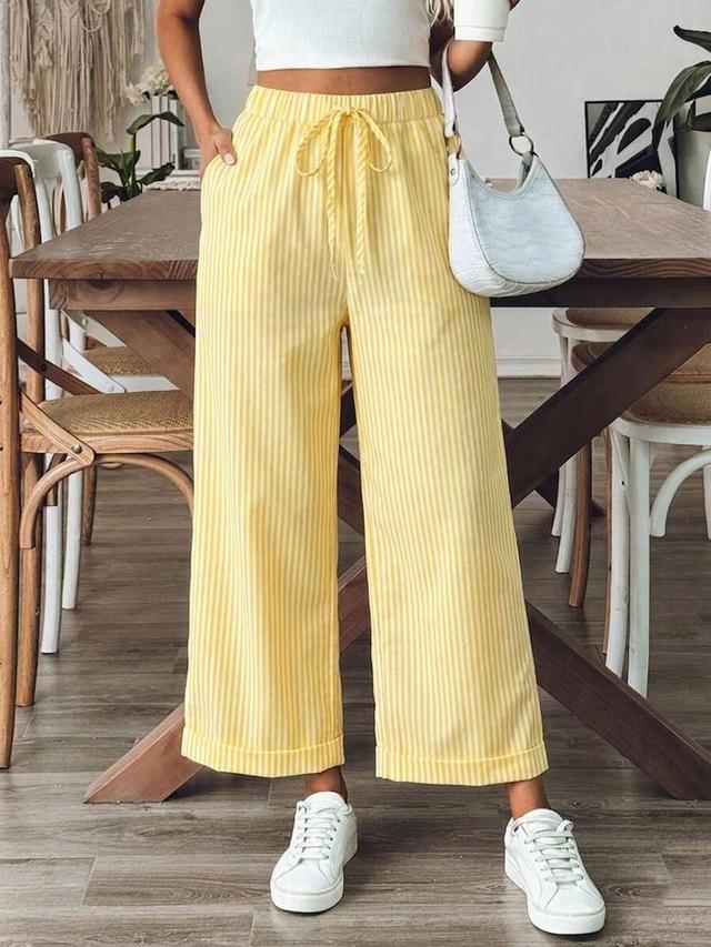 breezaya women's yellow striped tie waist wide leg pants