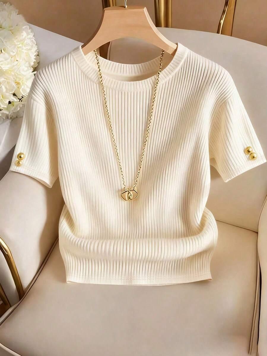 elegant cream white ribbed knit short sleeve t-shirt