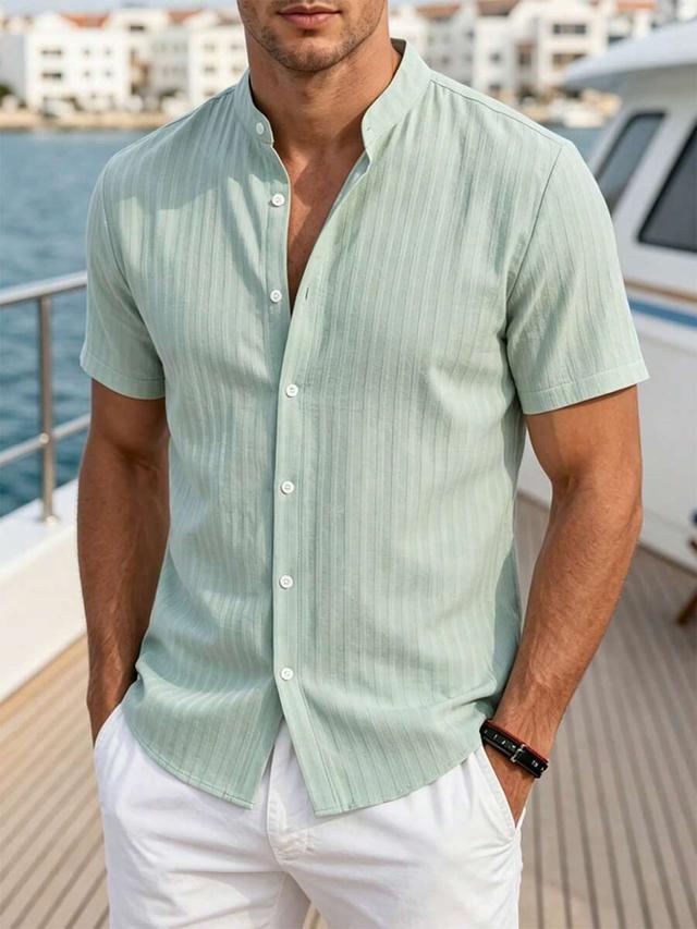 mint green striped linen short-sleeve stand-collar shirt