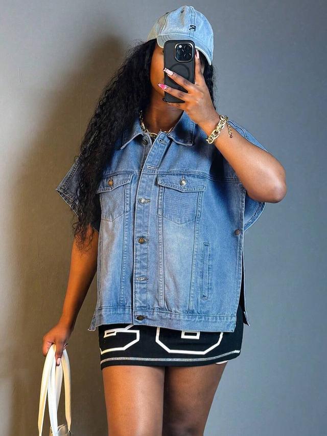 women solid wash blue denim button-up jacket