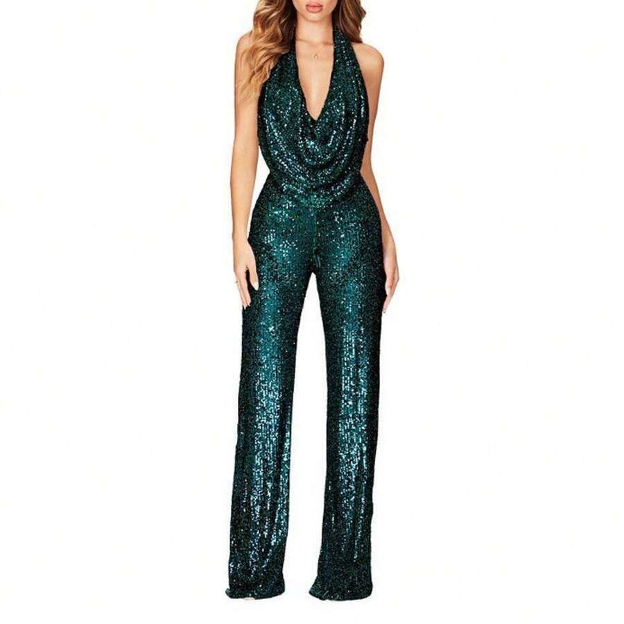 dark green sleeveless halter neck sequin jumpsuit