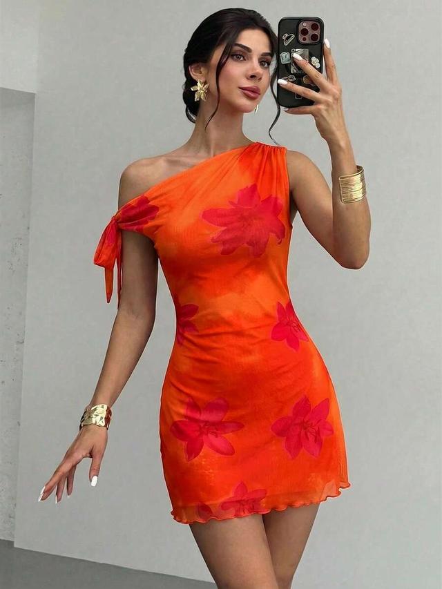 red floral asymmetrical shoulder mesh mini dress