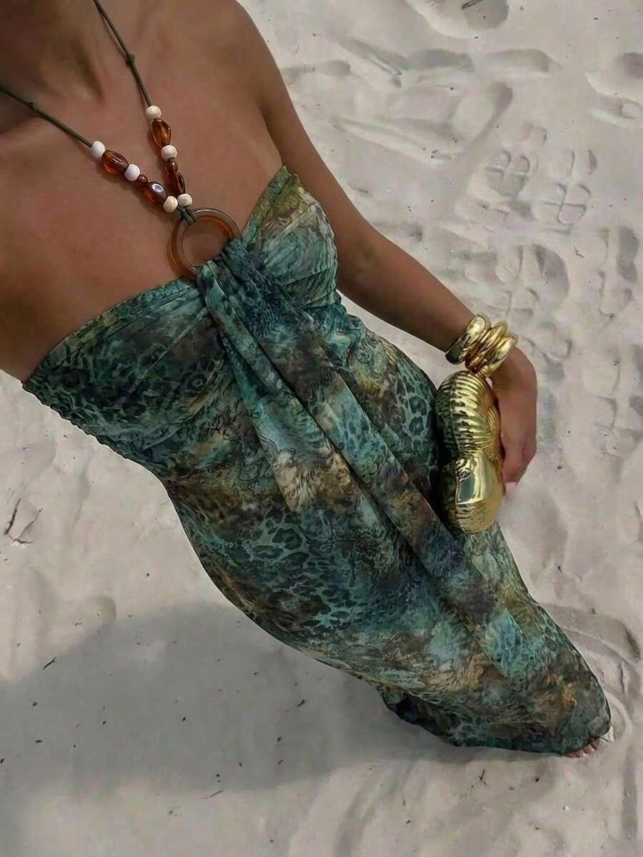 printed teal halter neck beach maxi dress