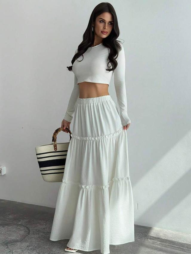 white elastic waist ruffle hem a-line loose skirt
