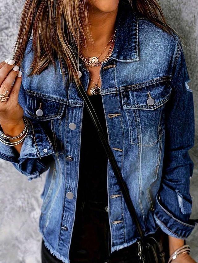 women's casual distressed raw hem denim jacket