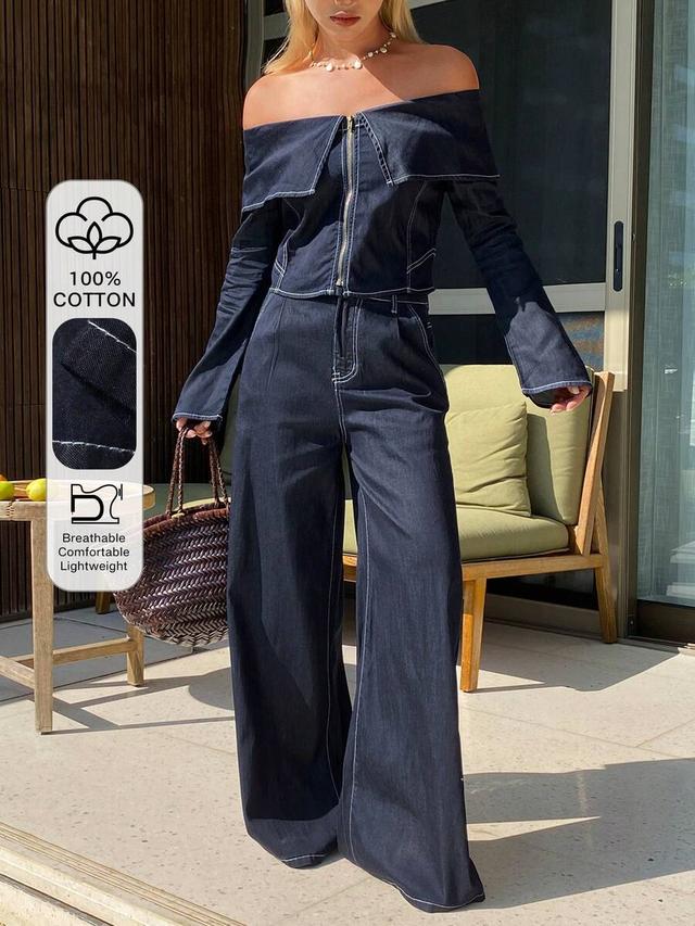 dark denim off-shoulder zip-up jacket and matching wide-leg trousers