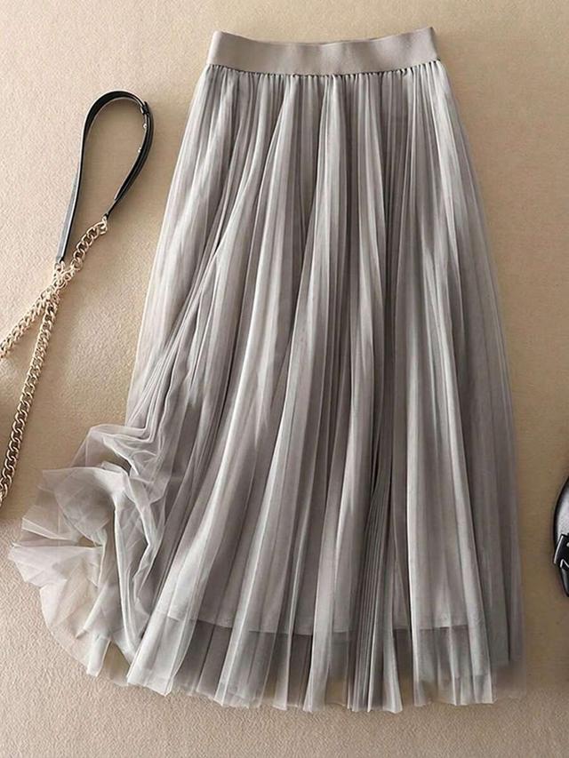 elegant pleated grey mesh a-line midi skirt